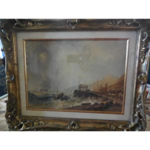 Marine Watercolor Signed Hyppolyte Lebas (1782-1867) Dated 1839 Frame