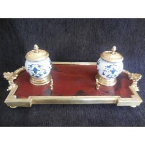 Inkwell Lacquer Gilt Bronze And Faience Rouen Louis XVI XIXth Time L42cm