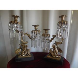 Pair Of Bronze Crystal Candelabra Nineteenth Time (provenance Vte Property Cher La)