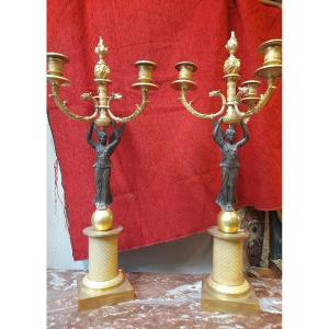 Pair Of Candelabras Gilt Bronze And Patinated Empire Period Early Nineteenth