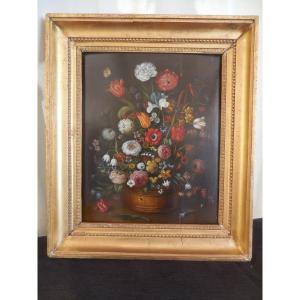 Nineteenth French School Oil On Wood Still Life Of Flowers Frame