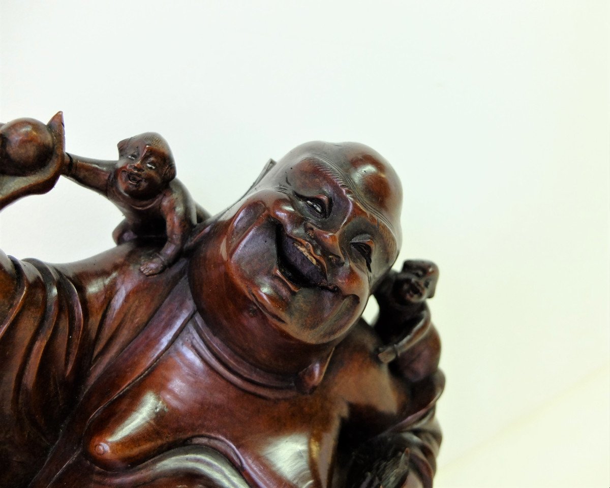 Boudha Rieur Aux 5 Singes En Bois Sculpté, Chine 20ème Siècle-photo-5