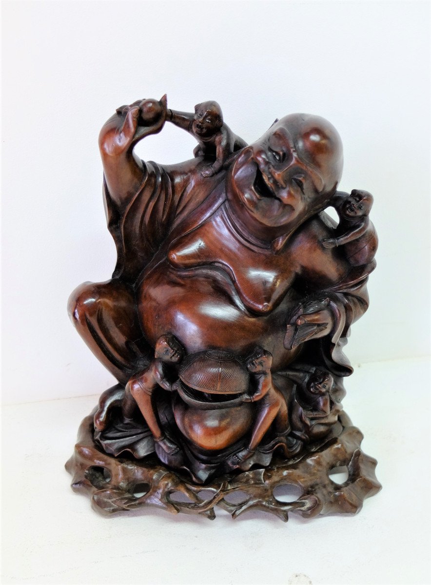 Boudha Rieur Aux 5 Singes En Bois Sculpté, Chine 20ème Siècle