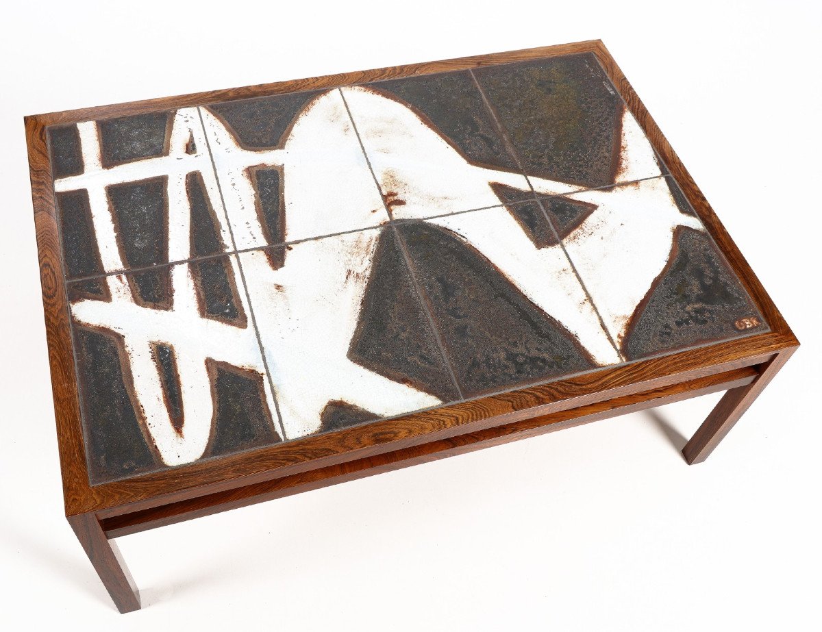 Grande Table Basse Scandinave 1960, Ole Bjorn Krüger En Palissandre Et Céramique-photo-4
