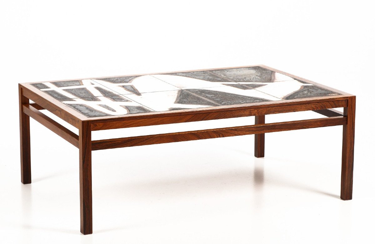 Grande Table Basse Scandinave 1960, Ole Bjorn Krüger En Palissandre Et Céramique