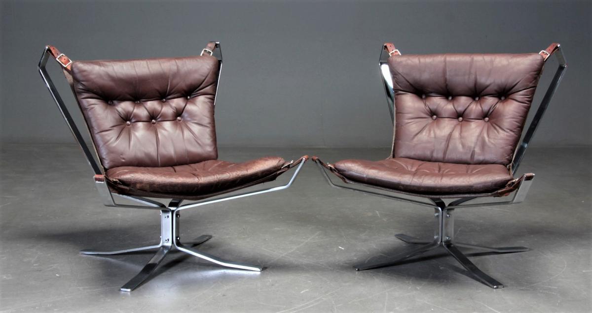 Paire De Fauteuils Falcon, Vers 1970 En Acier Et Cuir, Ressel Sigurd