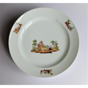 Niderviller 18th Century, Porcelain Dish Decorated With Landscapes