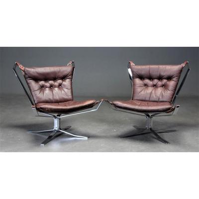 Pair Of Falcon Armchairs, Circa 1970 In Steel And Leather, Ressel Sigurd