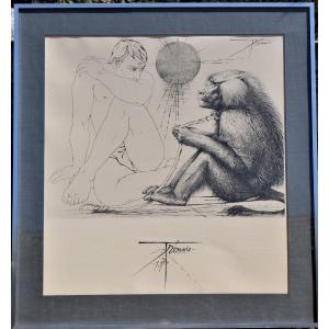 Héliogravure de Trémois 1967, "l'homme au singe" tirée à 200 exemplaires
