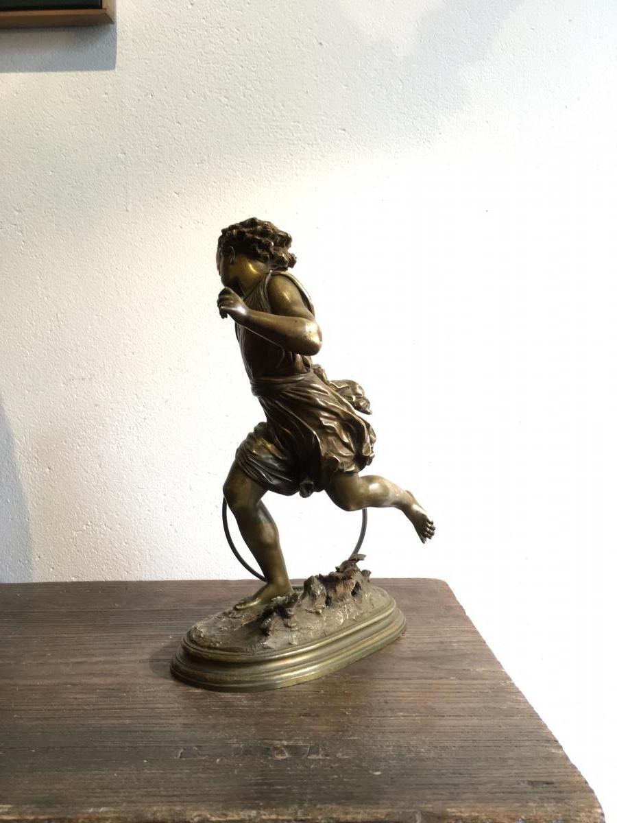 Bronze Subject "child With The Hoop" Signed Duchoiselle-photo-3