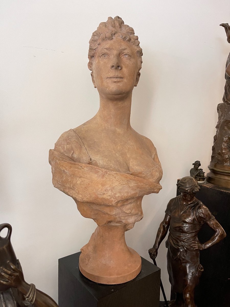 Grande Sculpture Buste Femme Terre Cuite-photo-2