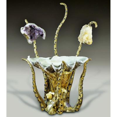 Outstanding "octopus Console" Benitier Geant, Crystal De Roche, Amethyst.