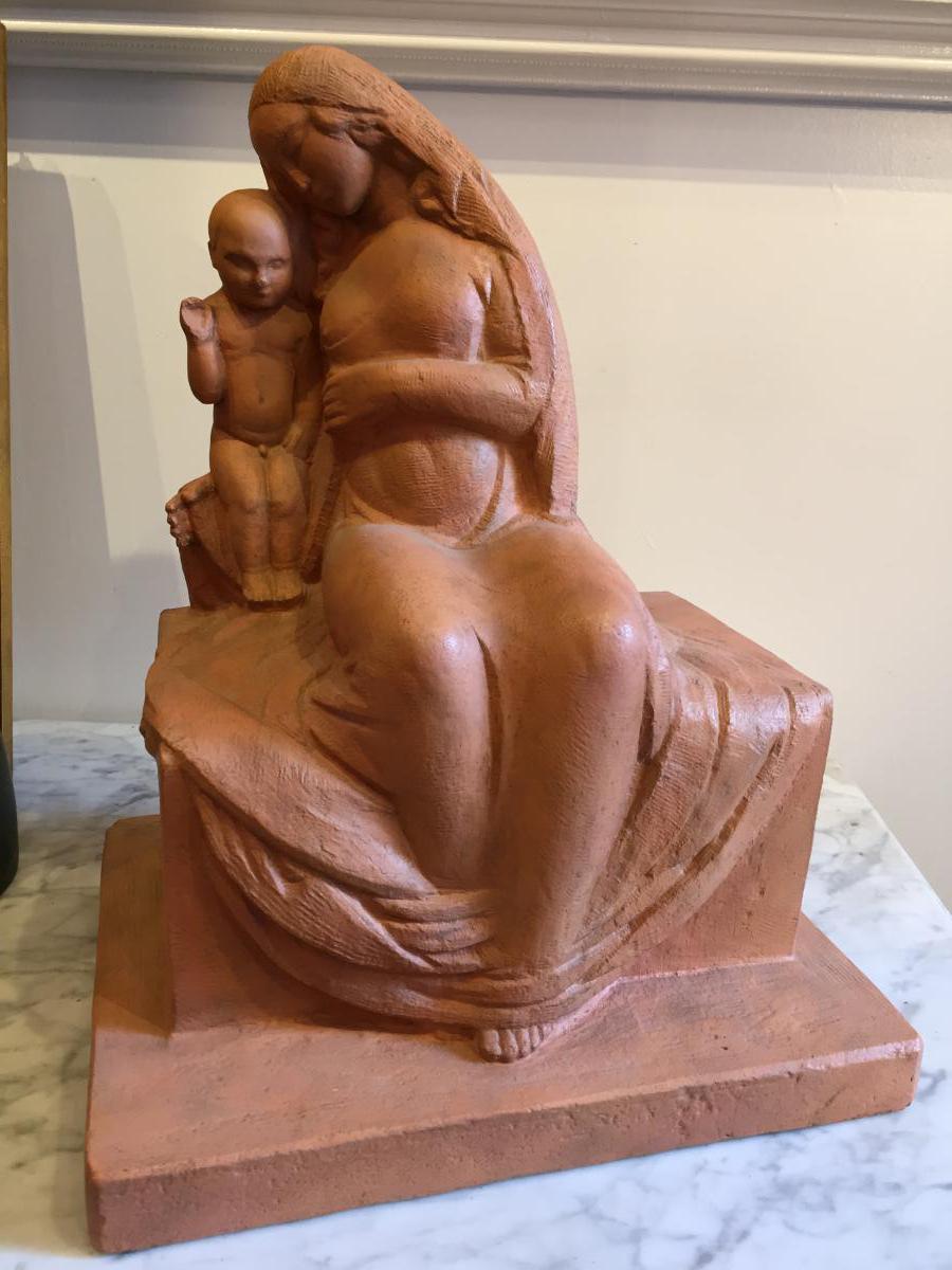 Parayre Henry, Madonna And Child, Plaster Antique Pottery 1926