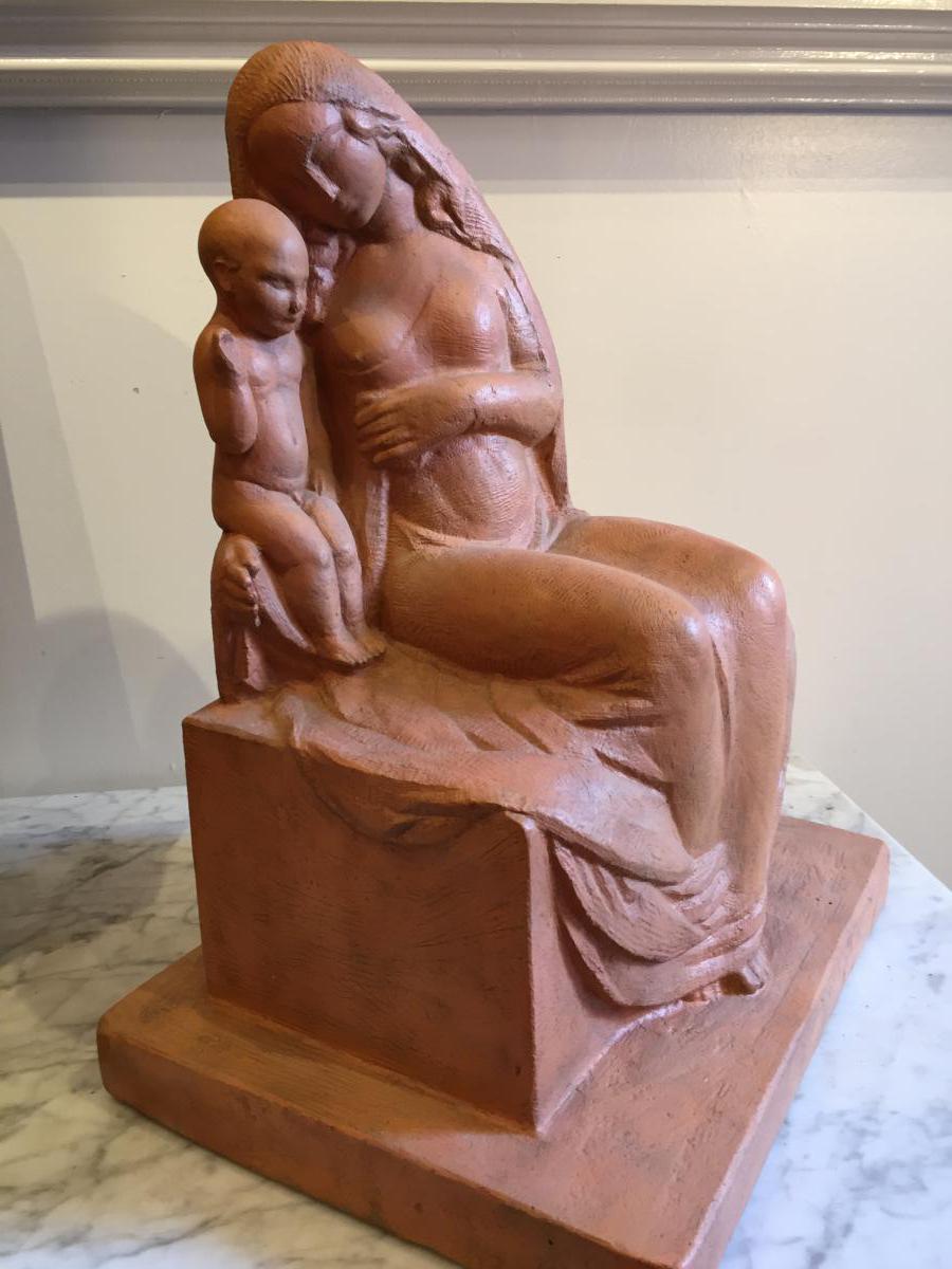 Parayre Henry, Madonna And Child, Plaster Antique Pottery 1926-photo-2