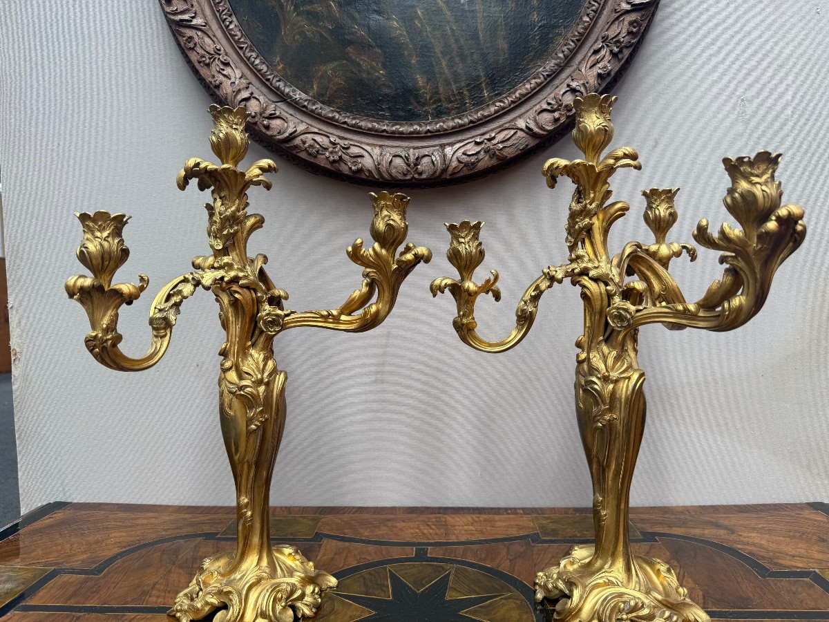 PAIRE DE CANDELABRES EN BRONZE CISELE ET DORE  XIX e -photo-2