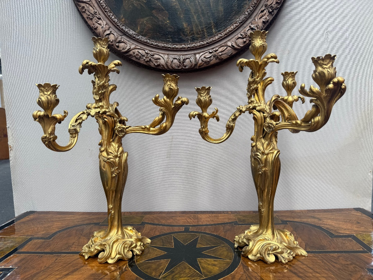 PAIRE DE CANDELABRES EN BRONZE CISELE ET DORE  XIX e 