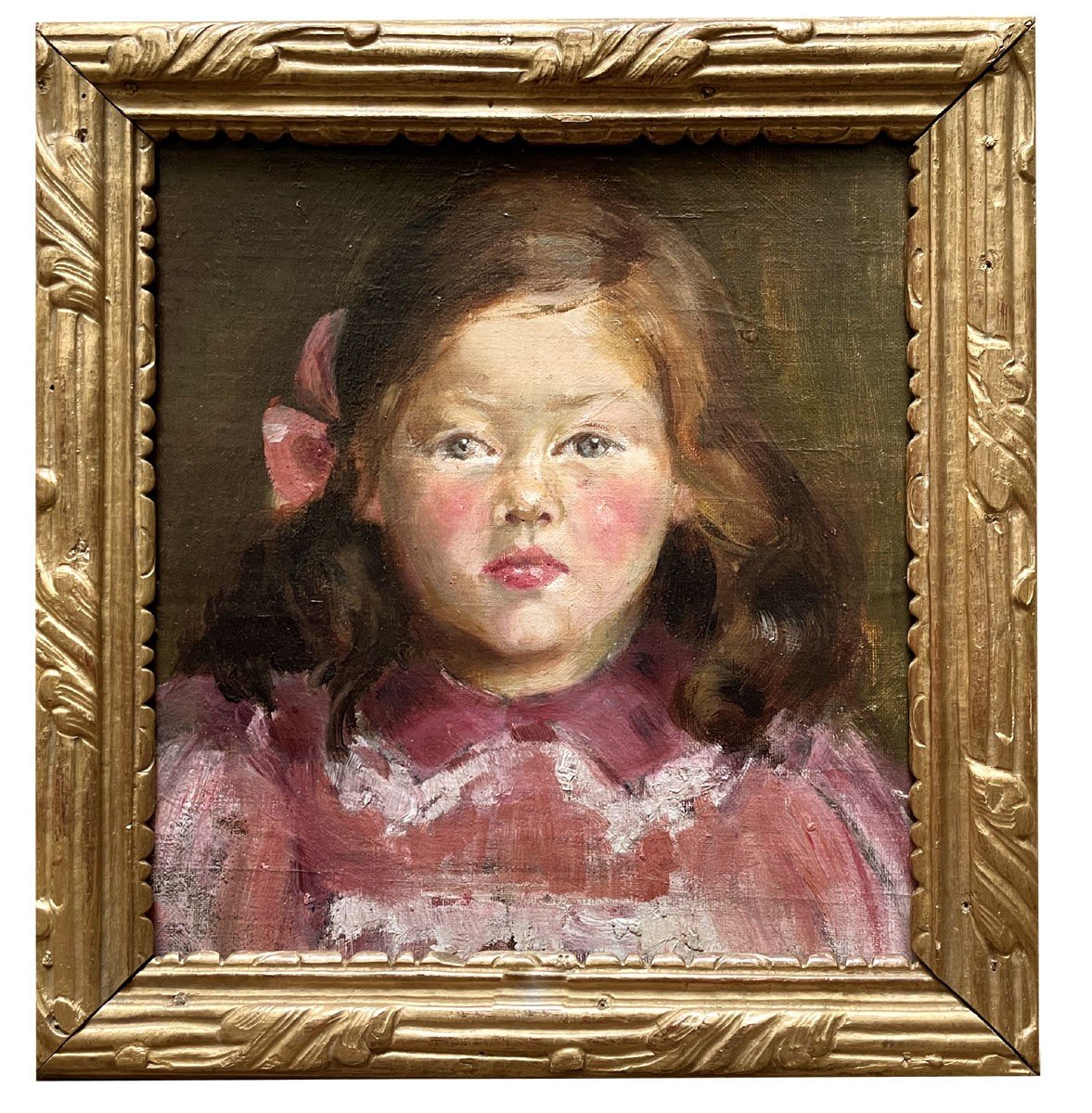 Oil On Cardboard Portrait Of Little Girl