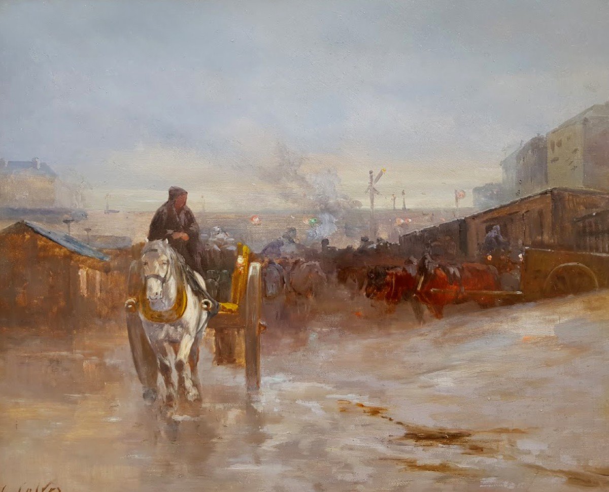 Oil On Panel, The Charette In Town By Léon Georges Calves-photo-2