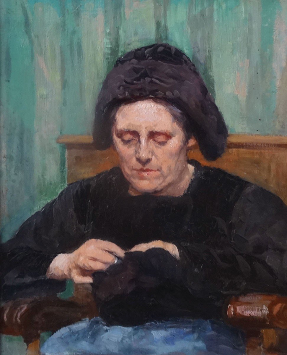 Huile Sur Carton,Femme Cousant Par Gilbert De Guinguand-photo-2