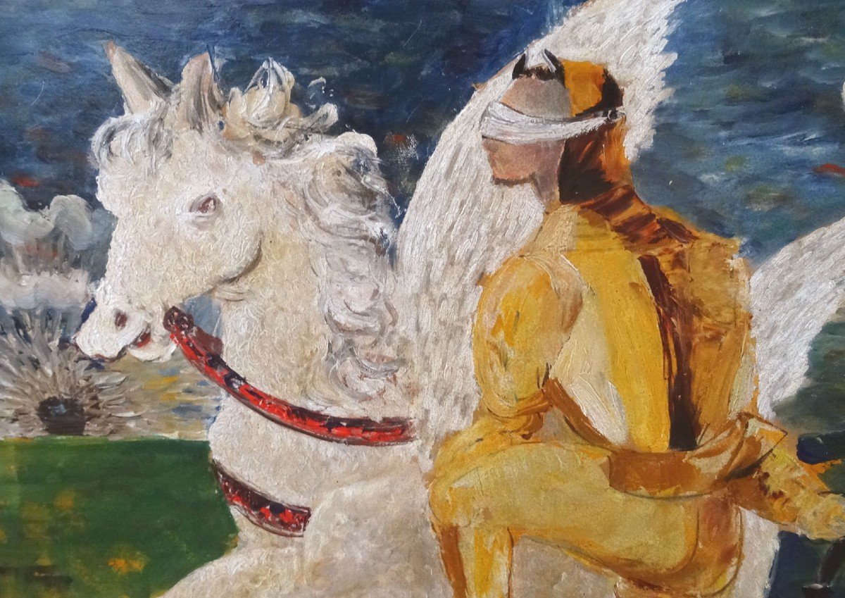 Huile Sur Carton, Scène Mythologique Avec Cheval, 20ème -photo-3