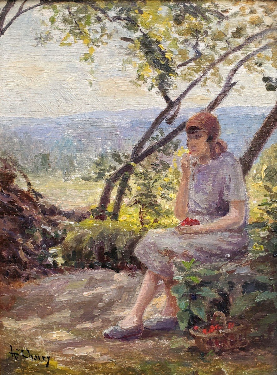 An Oil On Panel, Woman Under A Tree By Henry Charry-photo-2
