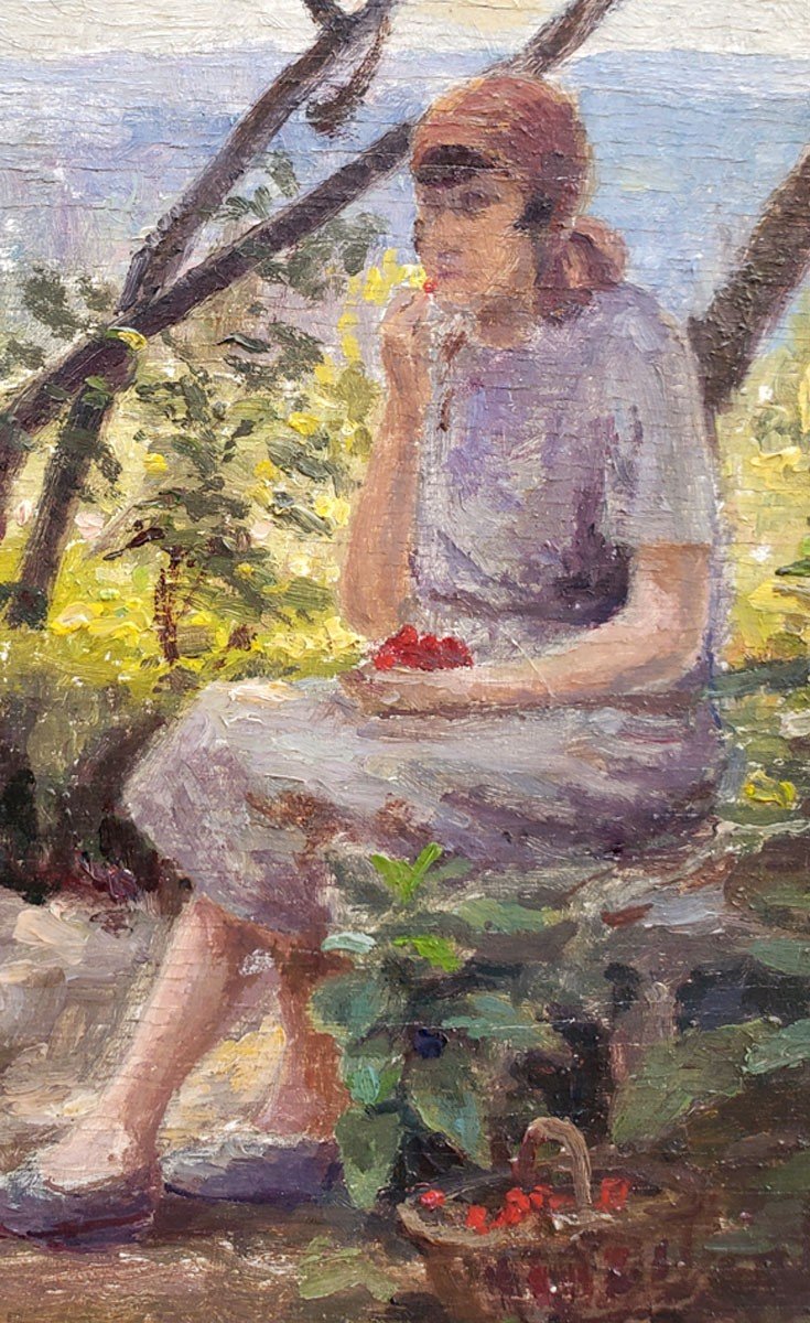 An Oil On Panel, Woman Under A Tree By Henry Charry-photo-3