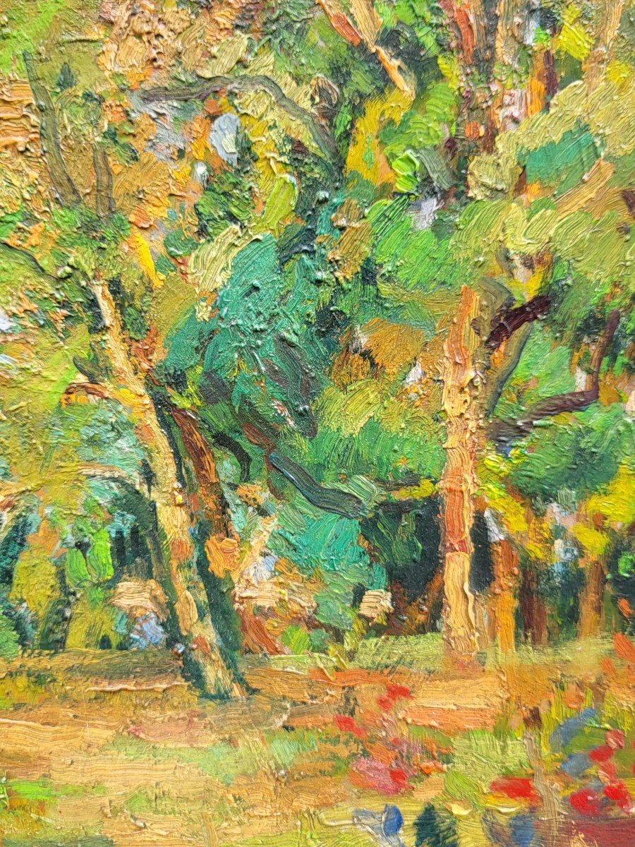 Huile Sur Carton, Paysage Sous Bois, Début 20ème -photo-3