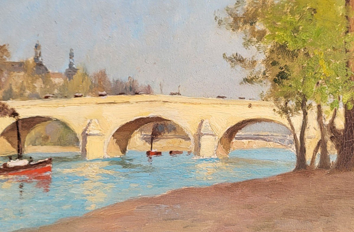 Oil On Cardboard, Paris Bridge By Louis-m. Cazet-photo-3