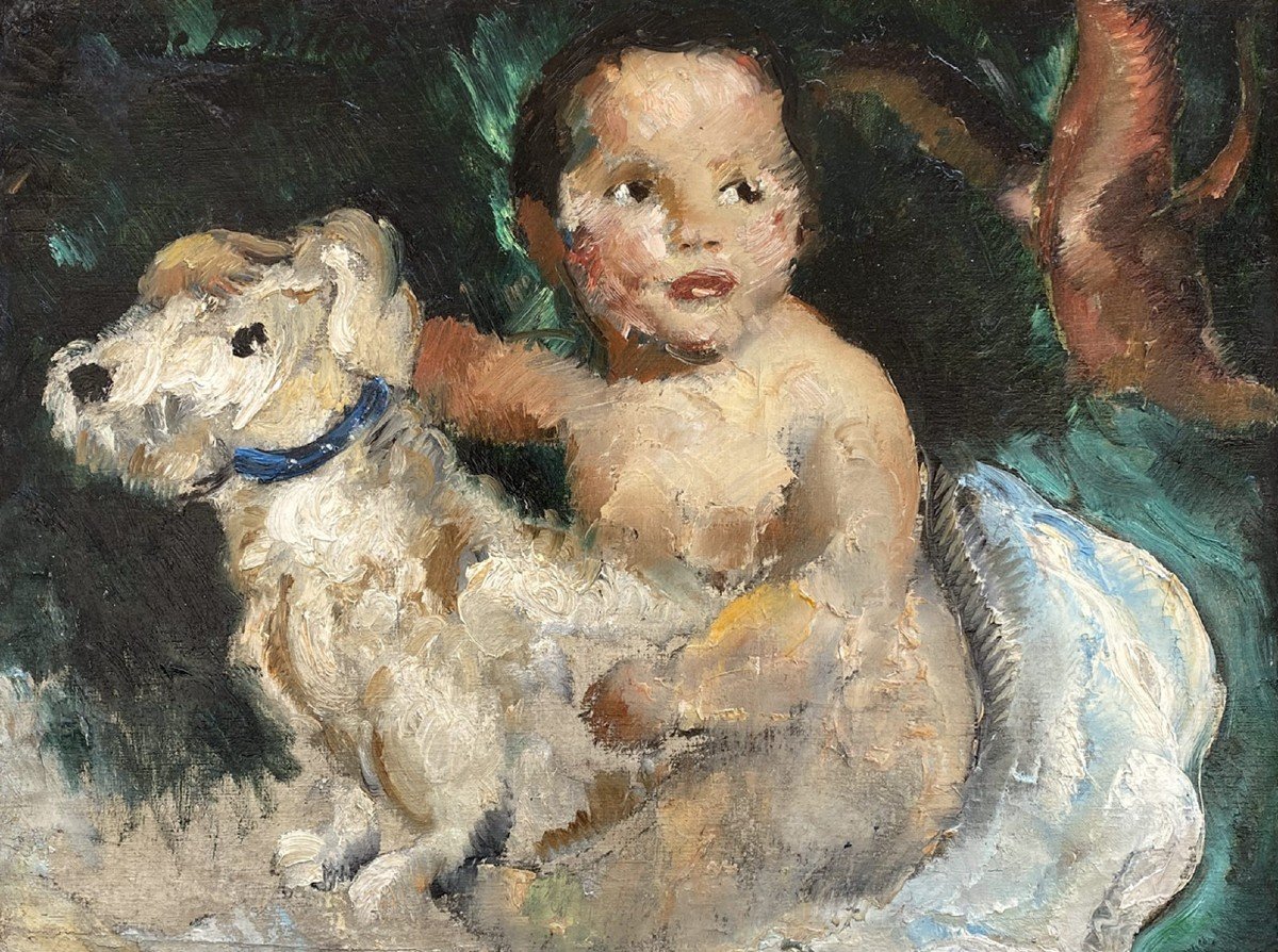 Oil On Canvas, Child And His Dog By Jeand E Botton-photo-2