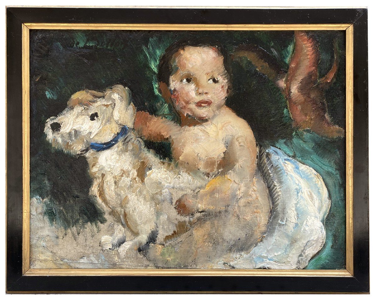 Huile Sur Toile, Enfant Et Son Chien Par Jeand E Botton 
