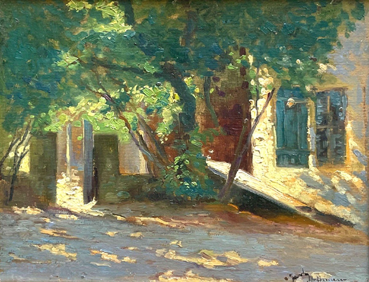 An Oil On Cardboard, Shady Courtyard Interior By Gaston Hoffmann-photo-2