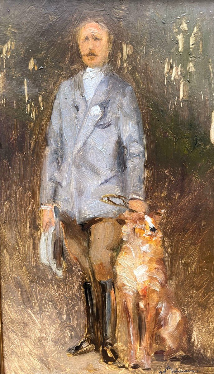 Une Huile Panneau Noble Avec Son Chien Par Gaston Hoffmann  -photo-2