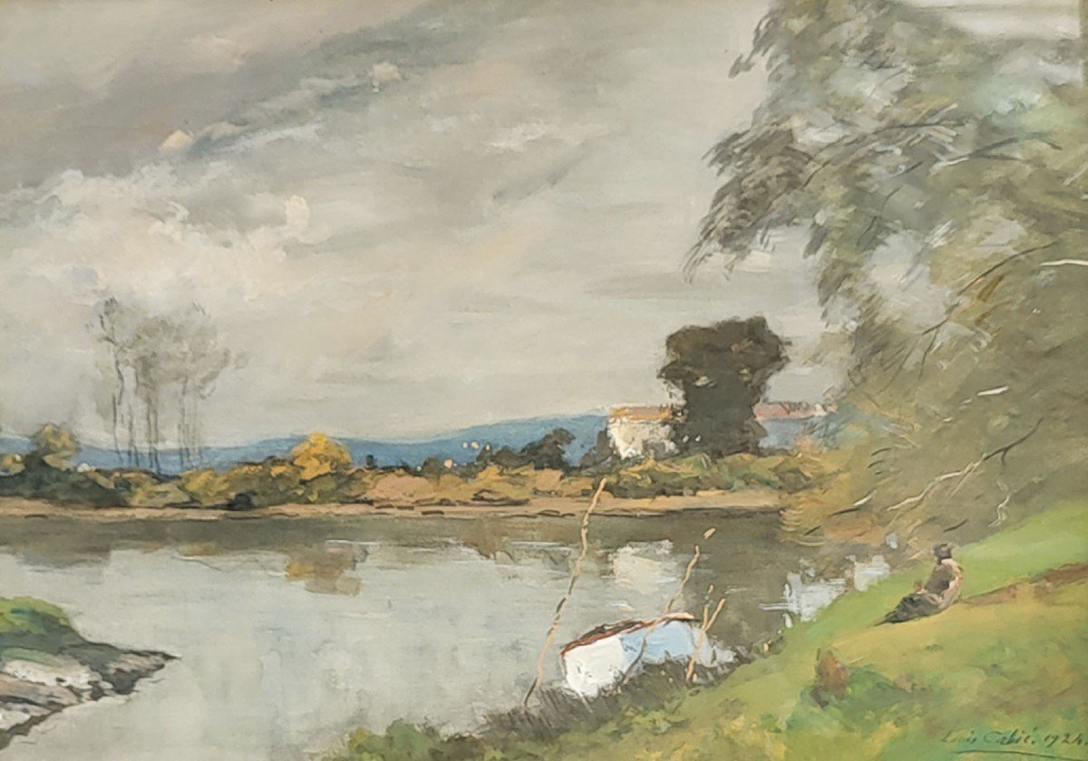 A Gouache, Fisherman By The River Apr Alexandre Cabie-photo-2