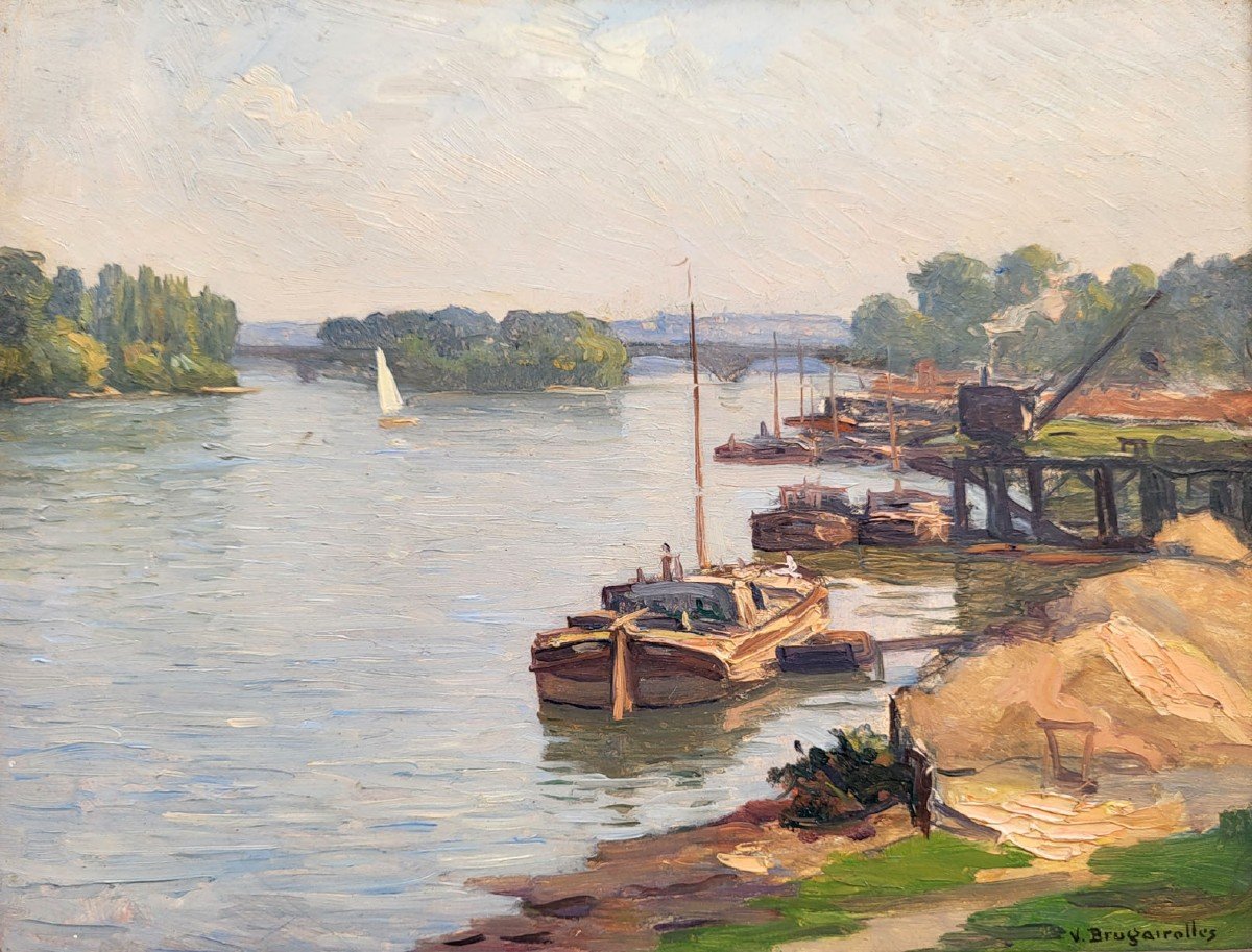 Oil On Panel Riverside With Barge By Victor Brugairolles-photo-2