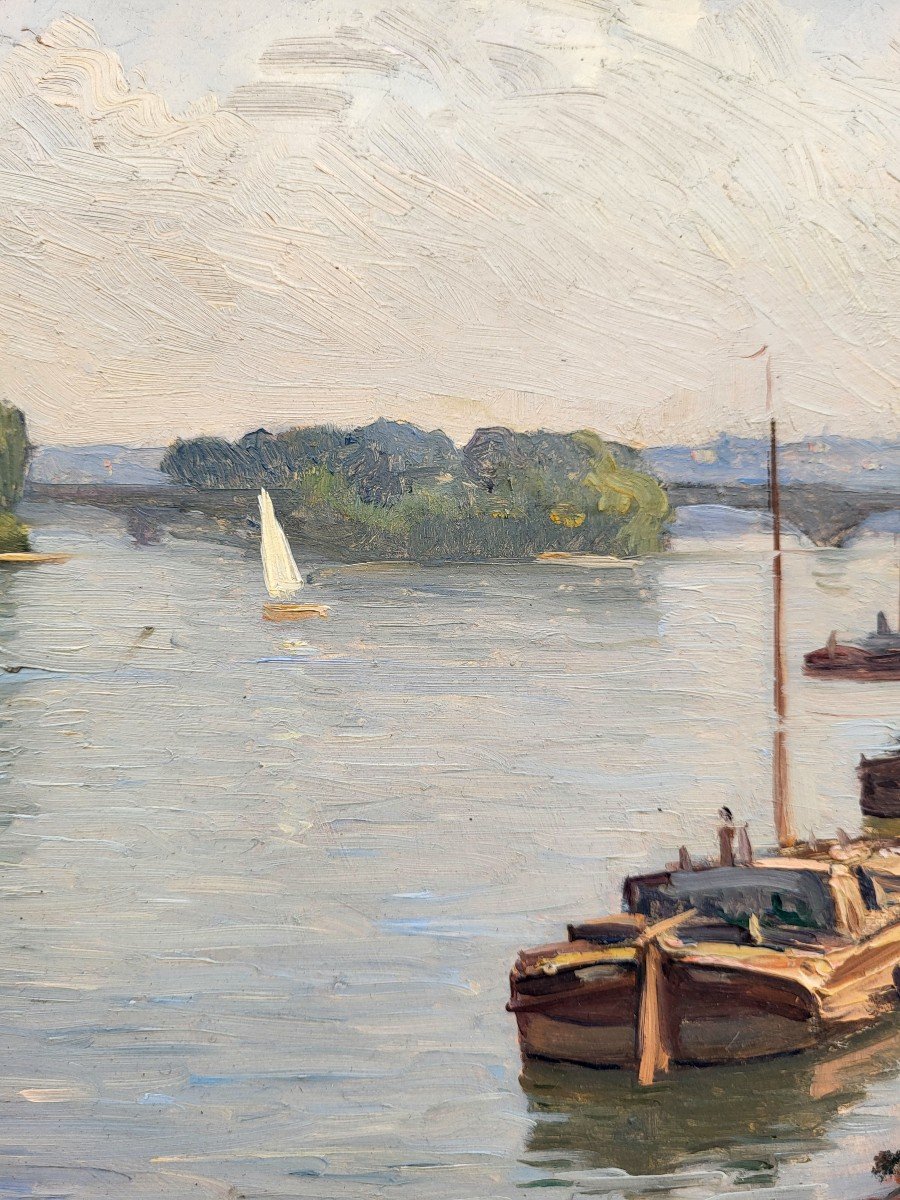 Oil On Panel Riverside With Barge By Victor Brugairolles-photo-3