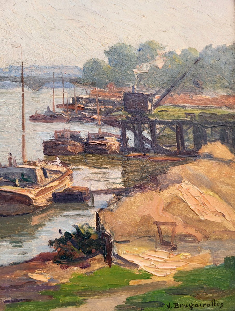 Oil On Panel Riverside With Barge By Victor Brugairolles-photo-4