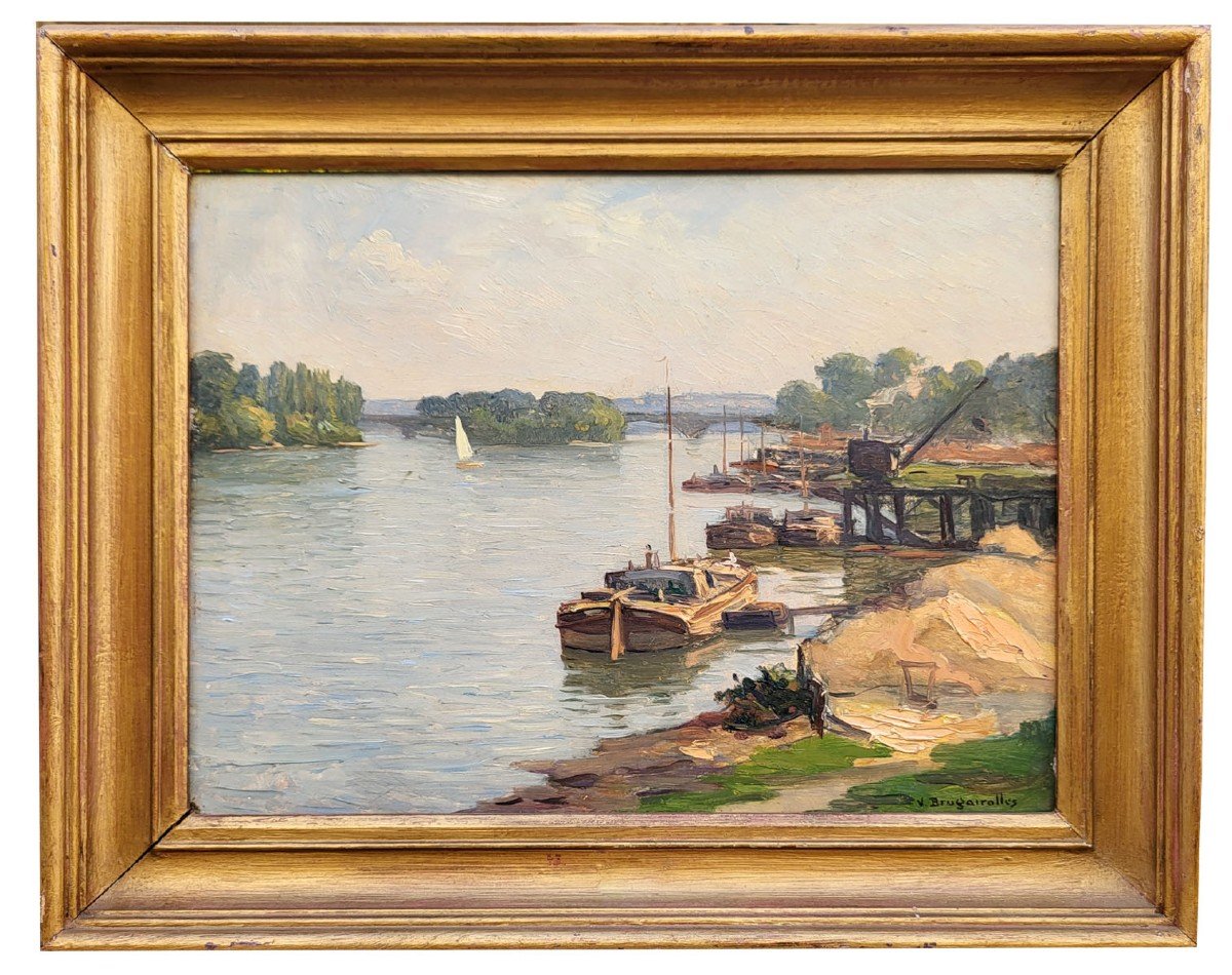 Oil On Panel Riverside With Barge By Victor Brugairolles