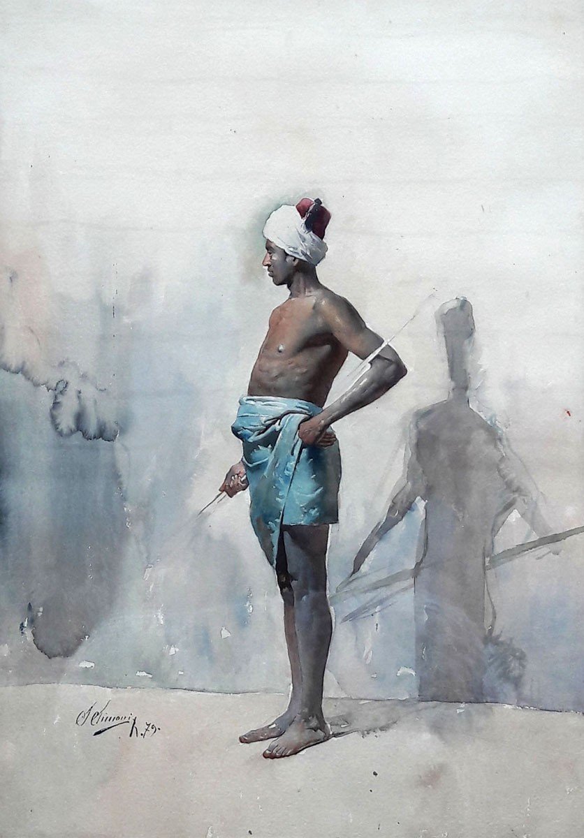 Watercolor, Young African By Gustavo Simoni. Dated 1879-photo-2