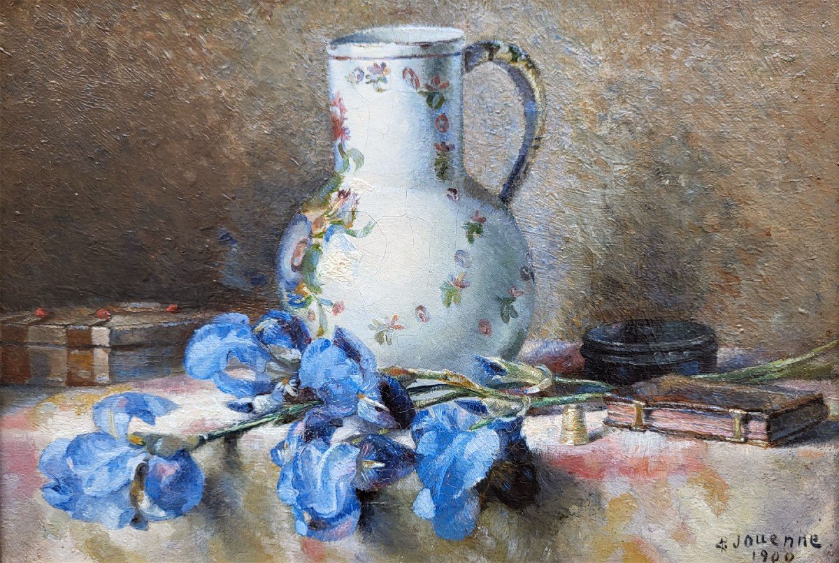 Oil On Canvas, Still Life With Irises By Léon Marie Jouenne-photo-2