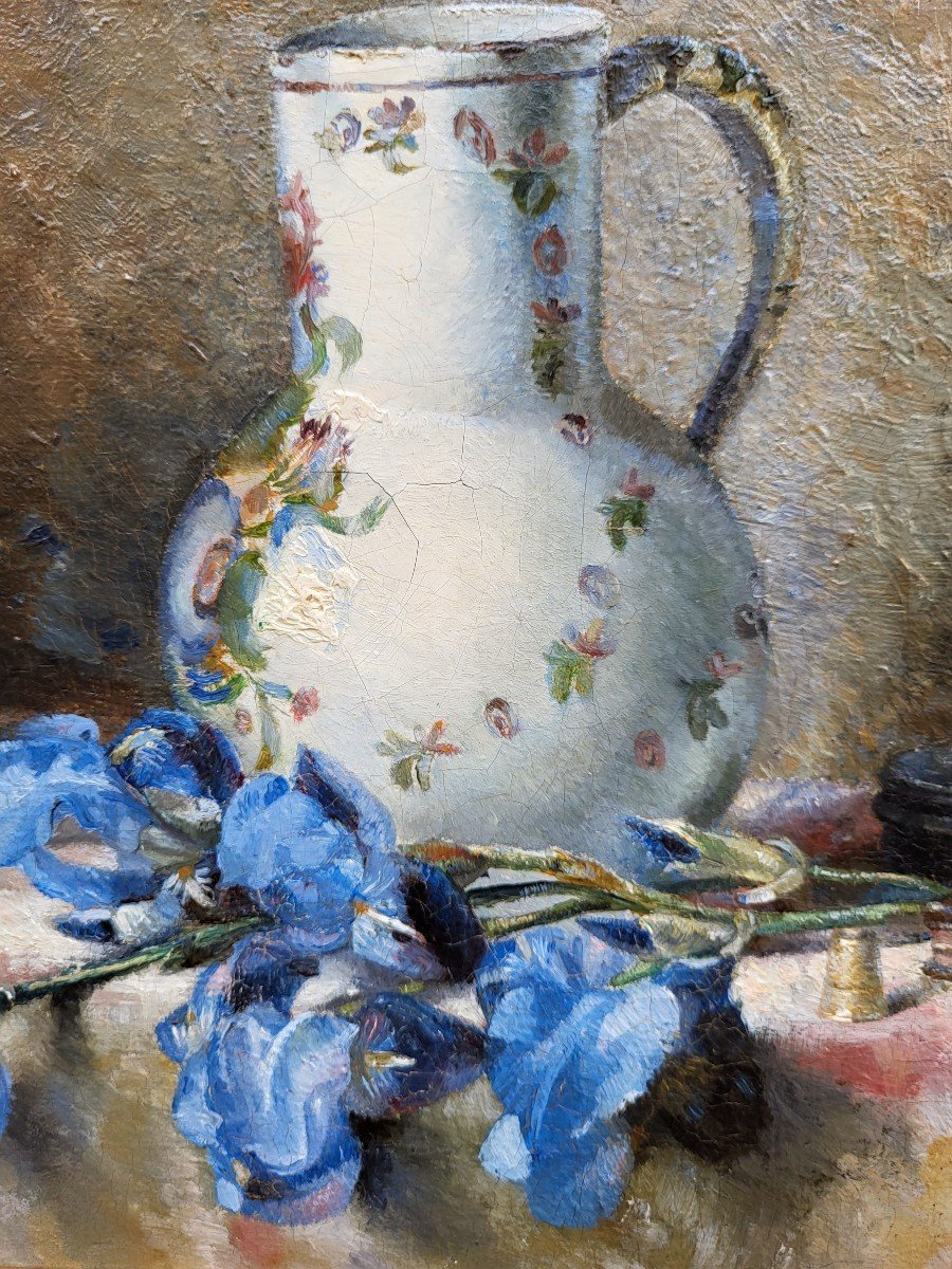 Oil On Canvas, Still Life With Irises By Léon Marie Jouenne-photo-3