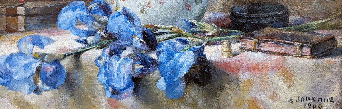 Oil On Canvas, Still Life With Irises By Léon Marie Jouenne-photo-4