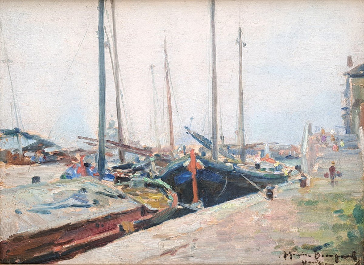 Huile Sur Panneau Bateaux à Venise Par Maurice Bompard-photo-2