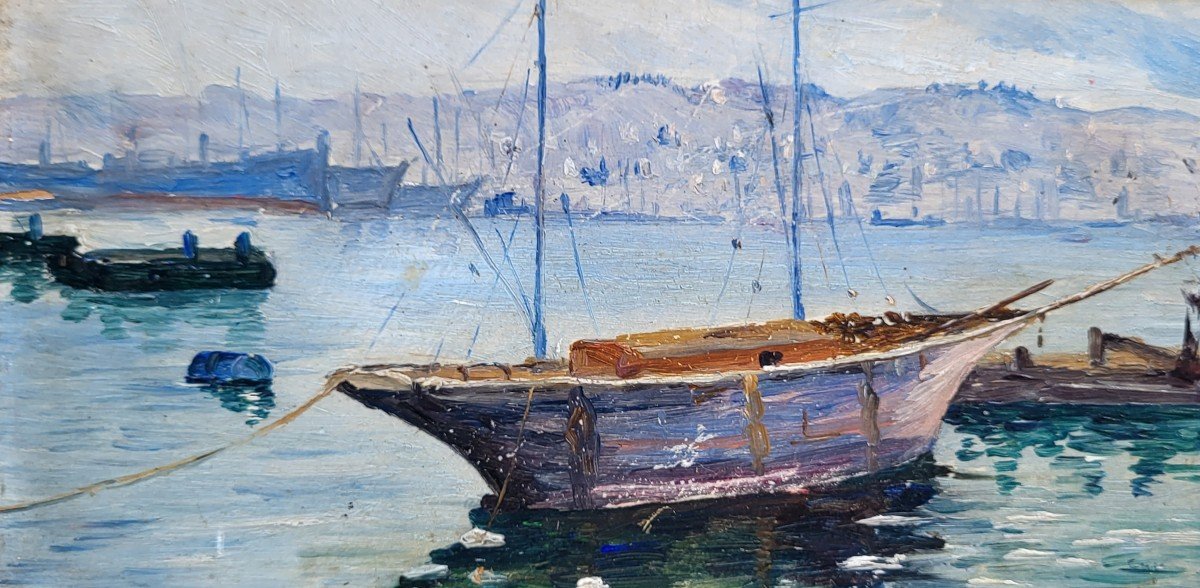 An Oil On Cardboard Boat In Algiers By Andrée Conne-photo-2