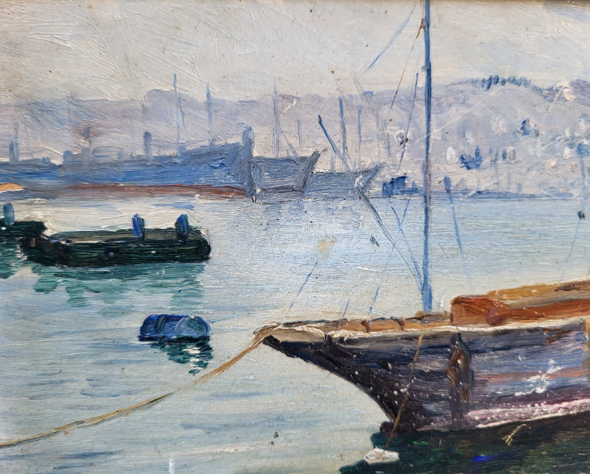 An Oil On Cardboard Boat In Algiers By Andrée Conne-photo-3
