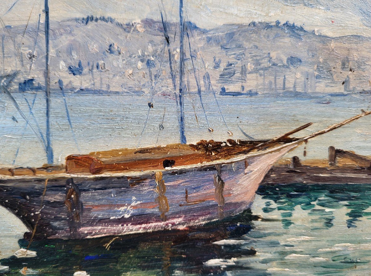 An Oil On Cardboard Boat In Algiers By Andrée Conne-photo-4