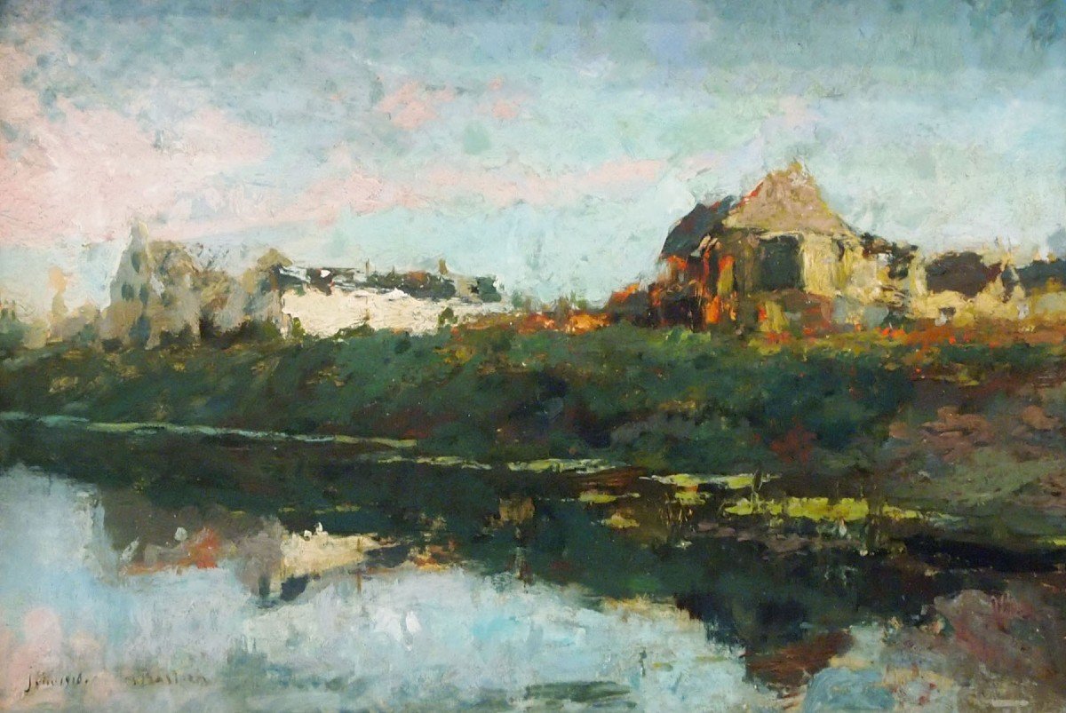 Oil On Cardboard, House By The River By Alfred Bastien -photo-2