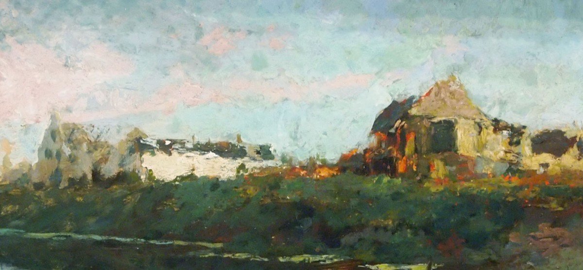 Oil On Cardboard, House By The River By Alfred Bastien -photo-4