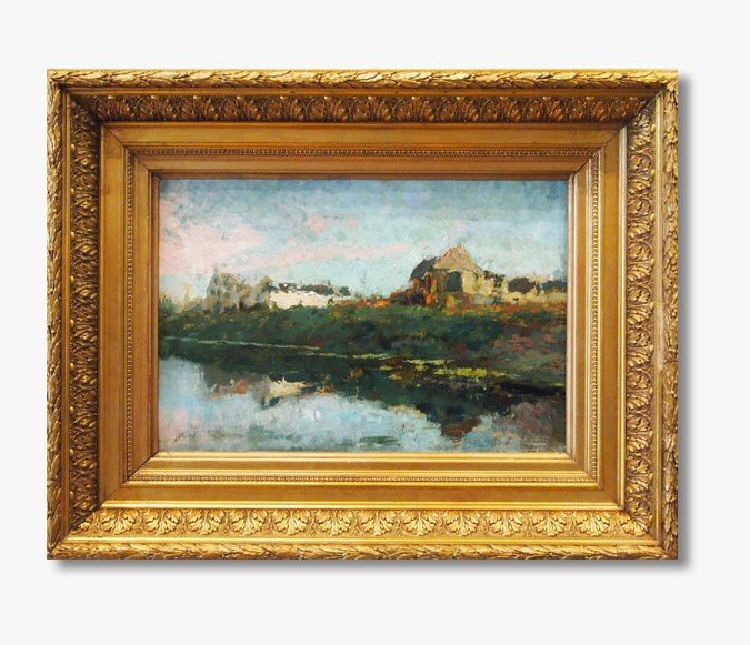 Oil On Cardboard, House By The River By Alfred Bastien 