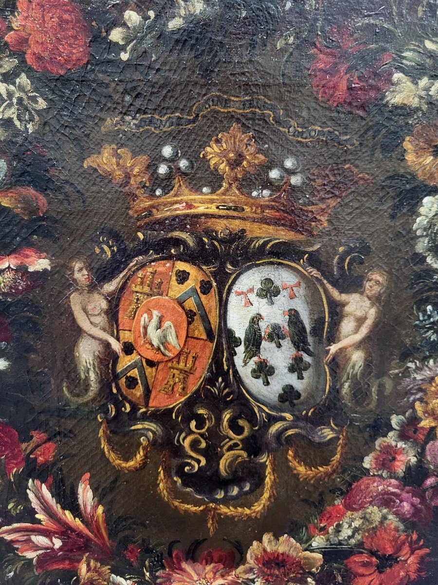 Huile Sur Toile, Blason Avec Couronne De Fleurs Du 17e Siècle-photo-2
