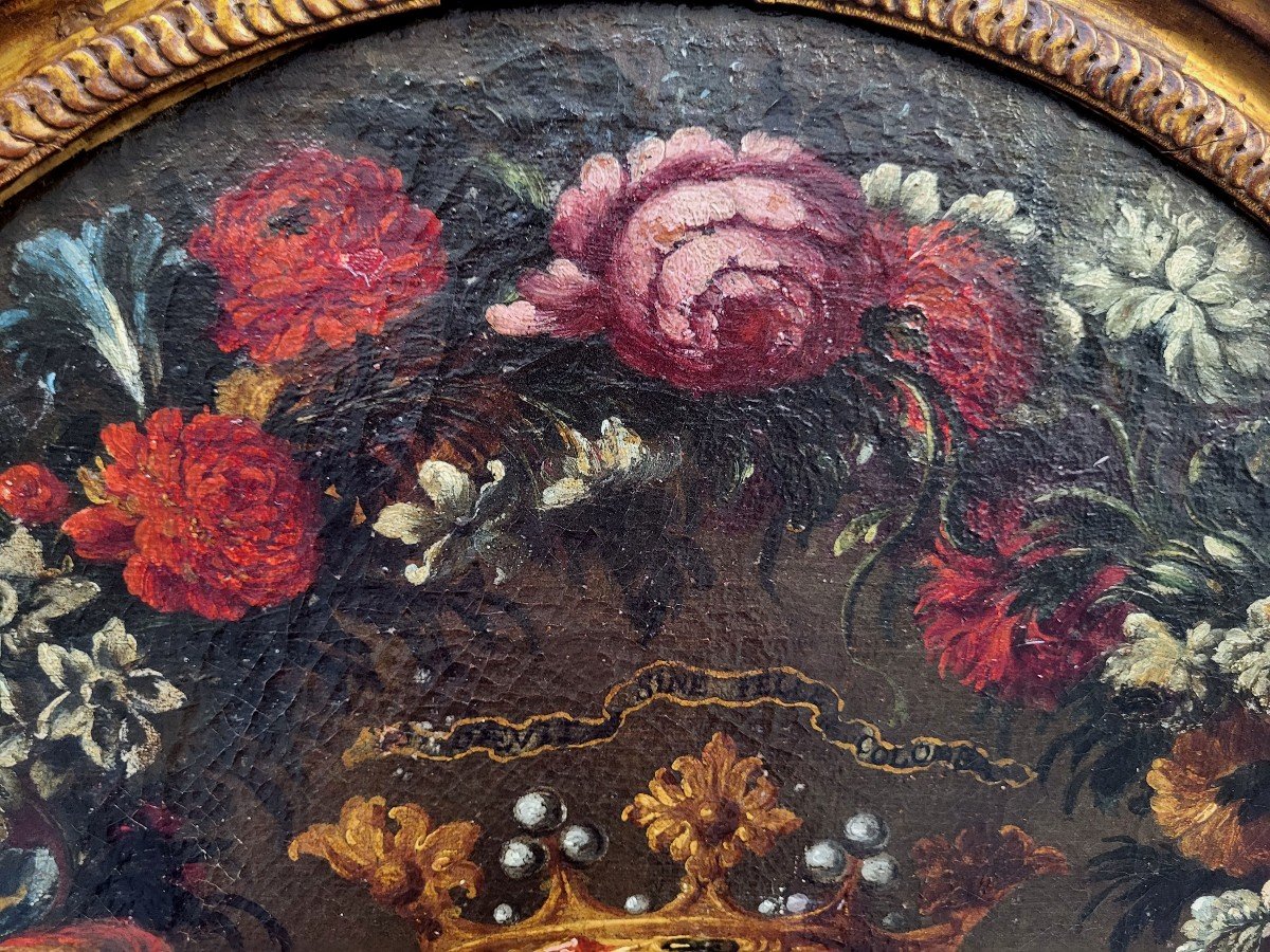 Huile Sur Toile, Blason Avec Couronne De Fleurs Du 17e Siècle-photo-3